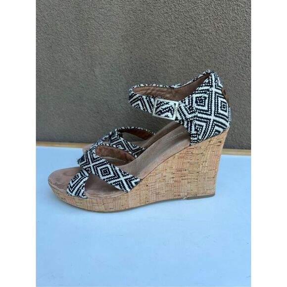 Toms Womens Size 9 Black White Canvas Cork Wedge Sandals Open Toe Ankle Strap - Picture 5 of 8
